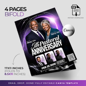 May include: A black and purple bi-fold flyer for a 5th Pastoral Anniversary. The flyer features images of two people, event details, and the text "5th Pastoral Anniversary". The flyer is 17x11 inches, folding to 8.5x11 inches.