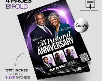 Purple Pastoral Anniversary Church Program Canva Template-Printable-Editable Bifold Brochure-Pastors & Wife Appreciation-Celebration Event