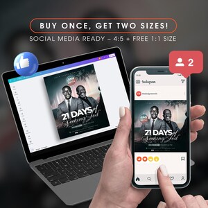May include: A laptop and smartphone display a promotional graphic for "21 Days of Seeking God." The design features two men in suits, with the text "Refocus Your Faith." The image includes the text "Buy Once, Get Two Sizes!" and social media icons.