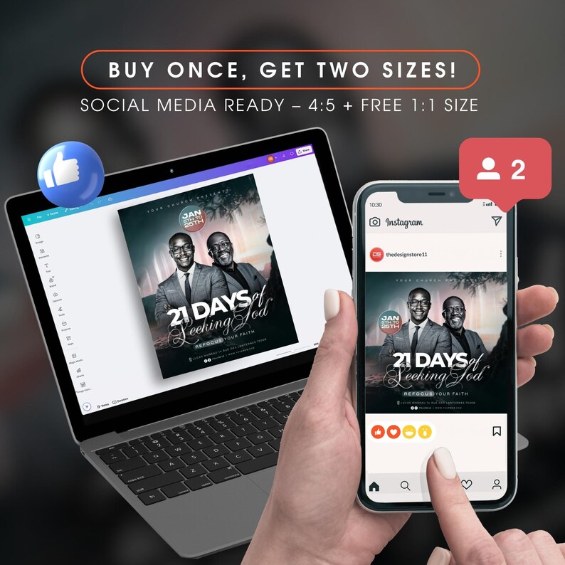 May include: A laptop and smartphone display a promotional graphic for "21 Days of Seeking God." The design features two men in suits, with the text "Refocus Your Faith." The image includes the text "Buy Once, Get Two Sizes!" and social media icons.