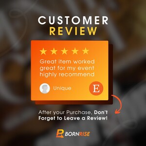 May include: An orange and yellow graphic with the words "CUSTOMER REVIEW" at the top. The review includes five gold stars, a customer quote, and the text "After your Purchase, Don't Forget to Leave a Review!"