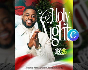 Christmas Holy Night Church Flyer Template-Holiday Celebration Event Graphic-Worship Service Community-Modern  Design-Editable Canva