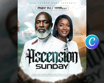 Ascension Day Church Flyer Template-Editable Canva-Church Members-Bible Prayers Jesus Christ-Holiday Event Celebration-Modern Blue Design