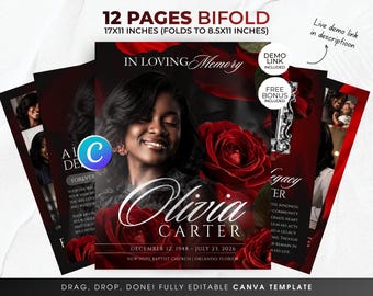12 Page Red Roses Funeral Program Template, Editable Brochure Printable Obituary Program, Bifold Booklet Canva Celebration Of Life, Memorial