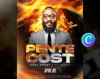 Pentecost Sunday Revival Flyer Church Template-Editable Canva-Worship Service-Fire Holy Spirit-Event Celebration-Modern Bold Flame Design