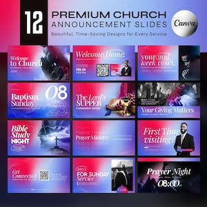 Puede incluir: Un diseño gráfico digital con 12 diapositivas de anuncios de iglesia premium. Cada diapositiva tiene un fondo degradado con texto como "Bienvenido a la Iglesia", "Domingo de Bautismo" y "Noche de Oración". El logotipo de Canva es visible.