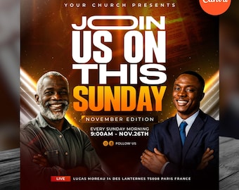 Editable Church Flyer Template, Sunday Service, Canva (Digital Download)