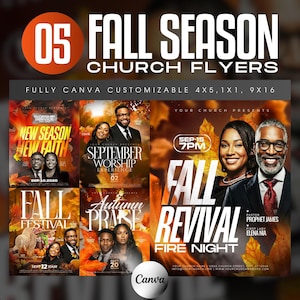 May include: A digital collection of five fall-themed church flyer templates featuring autumn leaves, portraits of people, and text including 05 FALL SEASON CHURCH FLYERS, FULLY CANVA CUSTOMIZABLE 4X5, 1X1, 9X16, NEW SEASON, NEW FAITH, SEPTEMBER WORSHIP EXPERIENCE, FALL FESTIVAL, AUTUMN PRAISE, and FALL REVIVAL FIRE NIGHT.