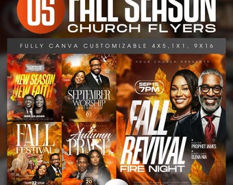 Fall Church Flyer Template Bundle, Editable Canva Harvest Festival Event, Autumn Christian Worship Service Flyer, Religious Modern Design
