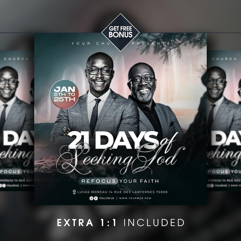 May include: A promotional flyer with two men in suits, glasses, and ties. The text reads "21 Days of Seeking God" and "Refocus Your Faith." Includes the dates "Jan 5th to 25th" and the words "Get Free Bonus."