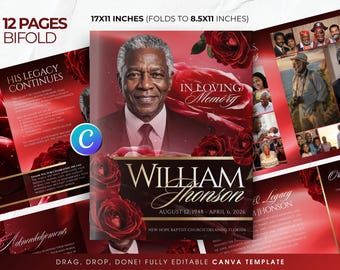 12 Page Red Roses Funeral Program Template, Editable Brochure Printable Obituary Program, Bifold Booklet Canva Celebration Of Life, Memorial