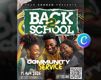Back To School Church Flyer Template Editable Canva, For Youth Ministry Event, School Prayer Worship Service, Modern Green And White Design