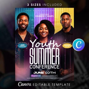 May include: A digital flyer template for a Youth Summer Conference on June 10th. It features three people, event host Kimberly James, and guest speakers Jade Jordan and Samuel Davis. The design includes text, a website link, and a Canva logo.