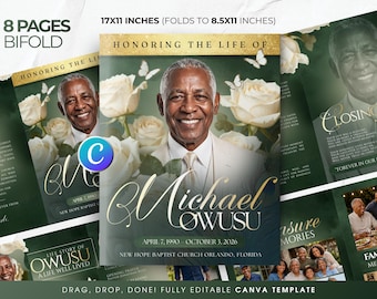Minimalist Editable Funeral Program Template. Elegant Booklet Printable Order Of Service. 8 Page Brochure Canva Obituary Celebration Of Life