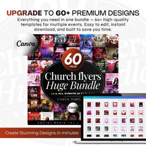 以下が含まれることがあります： デジタルデザインバンドルの広告。画像には、「Church flyers Huge Bundle」と「60+ Premium Designs」というテキストが書かれた教会のチラシのコレクションが掲載されています。Canvaのロゴも表示されています。