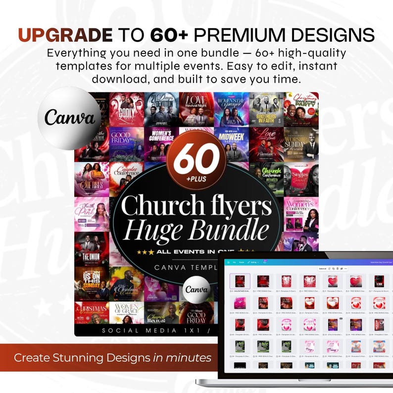 以下が含まれることがあります： デジタルデザインバンドルの広告。画像には、「Church flyers Huge Bundle」と「60+ Premium Designs」というテキストが書かれた教会のチラシのコレクションが掲載されています。Canvaのロゴも表示されています。