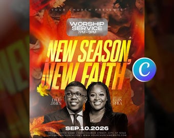 Editable Fall Church Flyer Template, Canva Harvest Festival Event Flyer, Autumn Christian Worship Service Flyer, Religious Modern Design