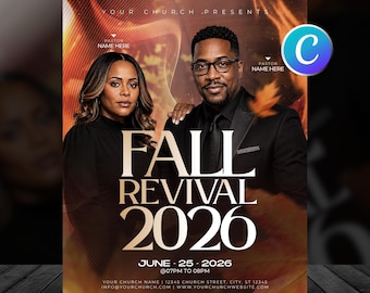 Fall Revival Church Flyer Template, Editable Canva Harvest Festival Event, Autumn Christian Worship Service Flyer Religious Digital Download