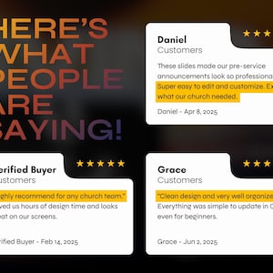 May include: Image with the text "HERE'S WHAT PEOPLE ARE SAYING!" and customer testimonials. Quotes include "Highly recommend for any church team," "Super easy to edit and customize," and "Clean design and very well organized."