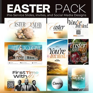 May include: A set of digital designs for Easter, including invitations and social media graphics. The designs feature text like "Easter Sunday" and "You're Invited." The color scheme includes gold, white, and pastel shades, suitable for church or community events.