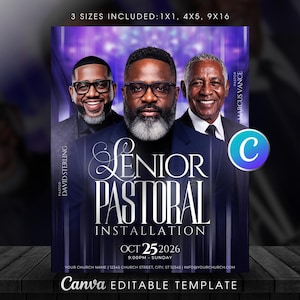 Op de afbeelding: Een digitale flyer-sjabloon voor een Senior Pastoral Installation op 25 okt 2026. Het toont drie mannen in pakken, paarse verlichting en tekst inclusief 3 SIZES INCLUDED: 1X1, 4X5, 9X16, SENIOR PASTORAL INSTALLATION, CANVA EDITABLE TEMPLATE.