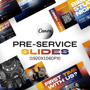 May include: A collection of pre-service slides with various designs. The slides feature text such as "Ways to Give," "Prayer Request," and "Bible Study Night." The Canva logo is visible. The slides are in shades of blue, orange, and white.
