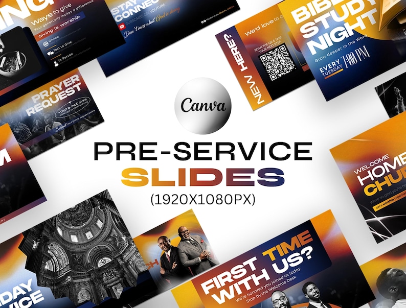 May include: A collection of pre-service slides with various designs. The slides feature text such as "Ways to Give," "Prayer Request," and "Bible Study Night." The Canva logo is visible. The slides are in shades of blue, orange, and white.