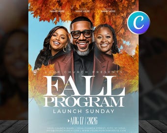 Fall Program Church Flyer Template, Editable Canva Harvest Festival Event, Autumn Christian Worship Service Flyer, Religious Modern Design