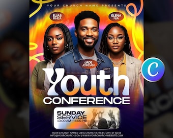 Youth Conference Church Flyer Template-Editable Canva-Teen Youth Ministry-Group Event-Sunday Worship Service-Guest Speaker-Modern Design