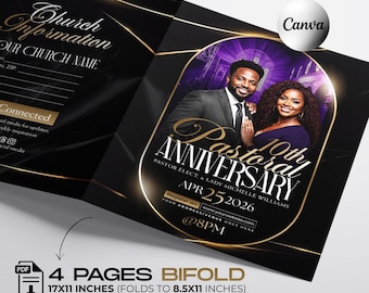 Pastoral Anniversary Program Template-Editable Canva-Church Anniversary Bifold Brochure-Pastor & Wife Appreciation-Modern Purple Gold Design