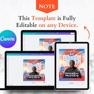 May include: A digital template displayed on a laptop, tablet, and desktop computer. The template features a church service announcement with the words "CHURCH" and "Sunday Service." The Canva logo is visible.