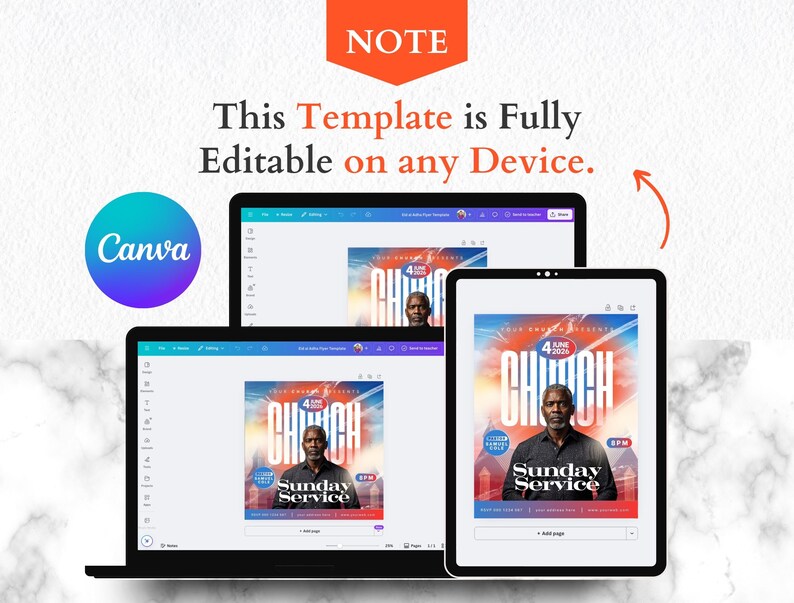 May include: A digital template displayed on a laptop, tablet, and desktop computer. The template features a church service announcement with the words "CHURCH" and "Sunday Service." The Canva logo is visible.