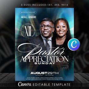 May include: A digital flyer template for Pastor Appreciation Sunday featuring a man and woman in formal attire. Text includes Pastor & First Lady Nicole & Kenderic, XII, Pastor Appreciation Sunday, August 29th, 10:00 PM, and placeholder contact details.