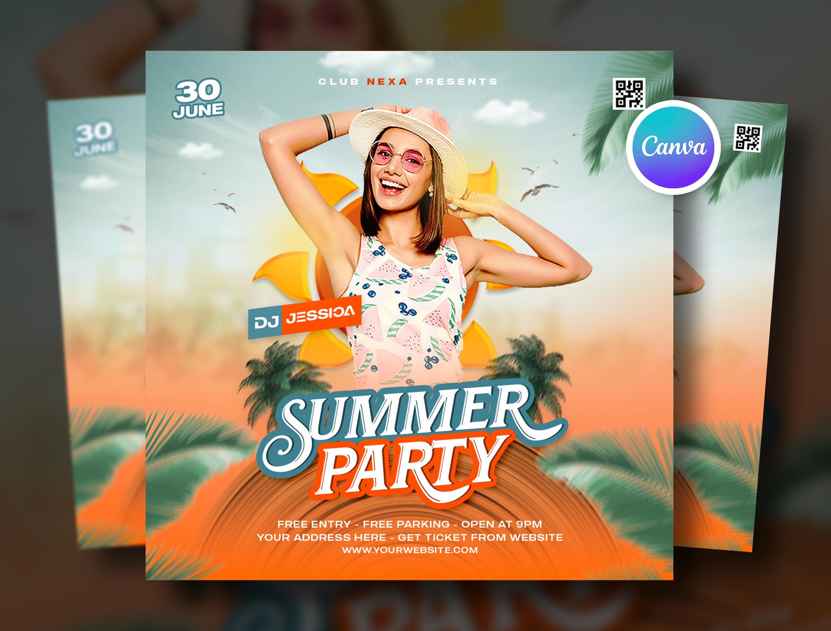 Editable Summer Party Flyer Template Canva, swimming ring party invitation, booze cruise, yacht party, concert flyer psd, adobe photoshop