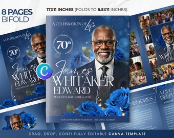 8 Page Editable Blue Funeral Program Template, Elegant Booklet Printable Order Of Service, Minimalist Brochure Canva Obituary Classic Bifold