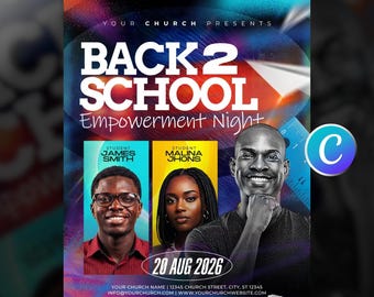 Back To School Church Flyer Template Editable Canva, For Youth Ministry Event, School Prayer Worship Service, Modern Red And Blue Design