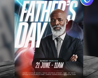 Father’s Day Church Flyer Template-Editable Canva-For Church Members-Sunday Service Worship-Ministry Event-Guest Speaker-Modern Blue & White