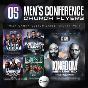May include: A digital collection of five customizable church conference flyer templates featuring various layouts with text including Men's Annual Conference, Men's Day Conference, Leadership Empowerment Conference, and Kingdom Men United Conference.