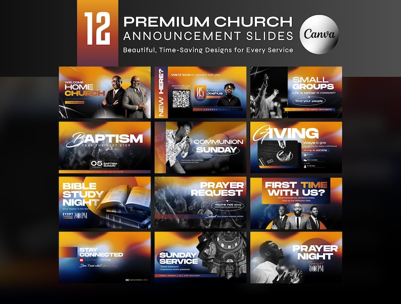 May include: A collection of 12 premium church announcement slides with a Canva logo. The slides feature various themes, including "Home Church," "Baptism," "Bible Study Night," and "Prayer Night." Each slide has a vibrant orange, yellow, and blue gradient background.