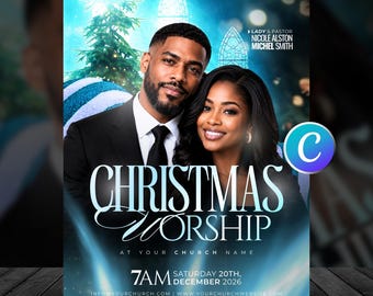 Christmas Worship Church Flyer Template-Editable Canva-Holiday Celebration Event Graphic-Sunday Worship Service Community-Modern Blue Design