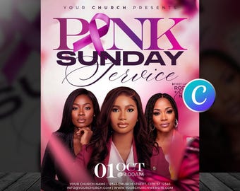 Faith Pink Sunday Church Flyer Template-Canva Breast Cancer Awareness Flyers-Sunday Worship Service Flyer-Editable Event-Digital Download