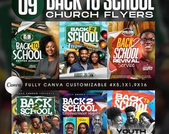 Back To School Church Flyer Template Bundle, Editable Canva For Youth Ministry Event, School Prayer Worship Service, Backpack, Modern Design
