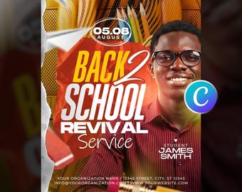 Back To School Church Flyer Template Editable Canva, For Youth Ministry Event, School Prayer Worship Service, Modern Red And Yellow Design