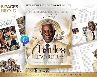 8 Page Funeral Program Template Canva Editable Funeral Order Of Service Printable Celebration Of Life Brochure Minimalist White & Gold Roses