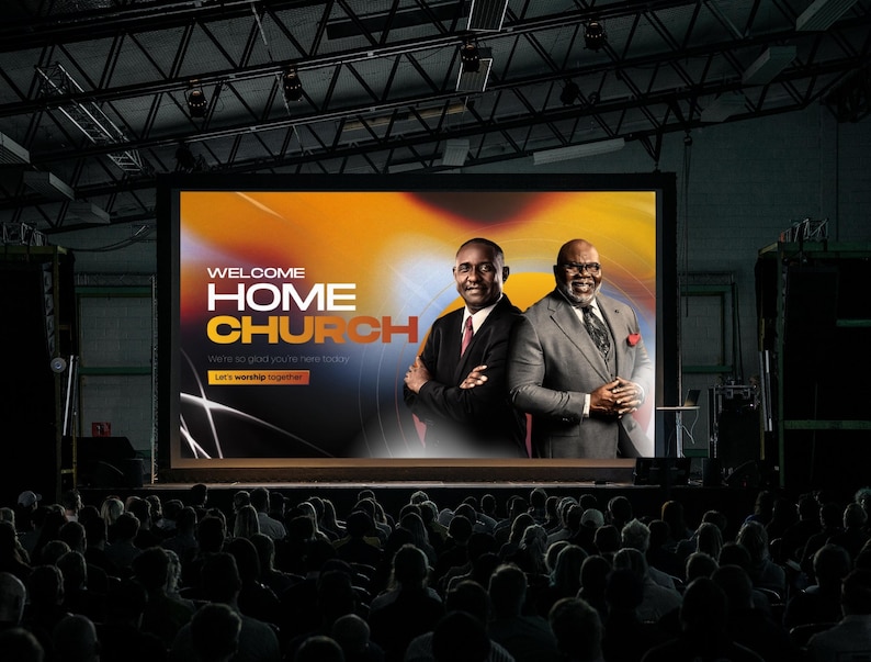 May include: A large screen displays the words "WELCOME HOME CHURCH" with two men in suits. The background is a blend of orange, yellow, and black. A crowd of people is seated in front of the screen.