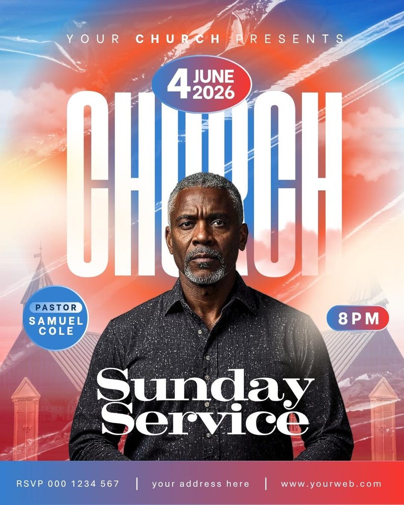 May include: A church service poster with a portrait of a man in a black shirt. The words "Sunday Service" are in large white letters. The date is June 4, 2026, and the time is 8 PM. The poster has a red, white, and blue color scheme.