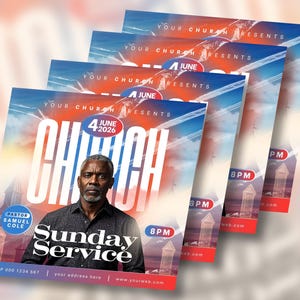 May include: A stack of flyers advertising a Sunday Service. The design includes a portrait of a man, the words "CHURCH" and "Sunday Service", and the date "4 June 2026". The background has a gradient of blue, orange, and red.