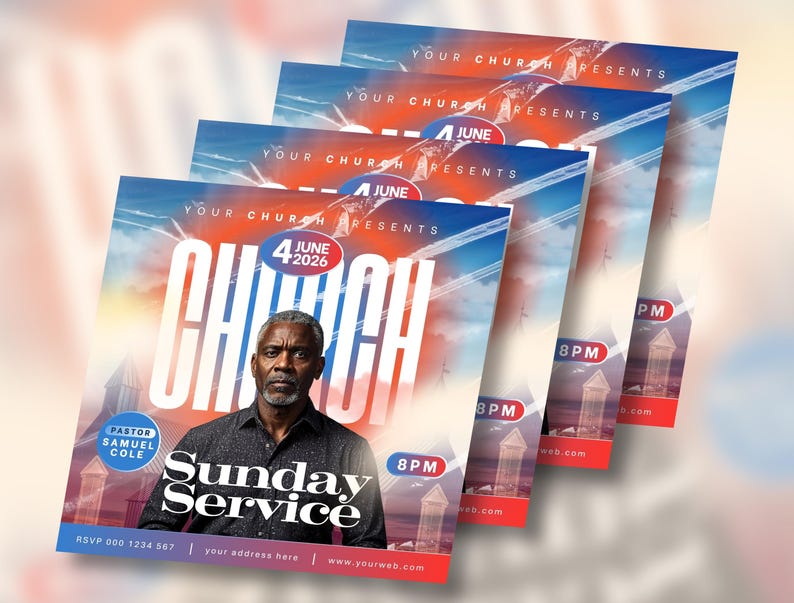 May include: A stack of flyers advertising a Sunday Service. The design includes a portrait of a man, the words "CHURCH" and "Sunday Service", and the date "4 June 2026". The background has a gradient of blue, orange, and red.
