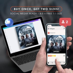 May include: A laptop and smartphone displaying a promotional graphic for "21 Days of Devotion." The design features images of three men, the text "Fasting & Faith," and the dates "January 5th to 25th." The laptop screen shows a design in progress.