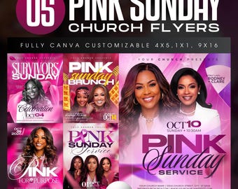 Faith Pink Sunday Church Flyer Template Bundle-Canva Breast Cancer Awareness Flyers-Sunday Worship Service-Editable Event-Digital Download
